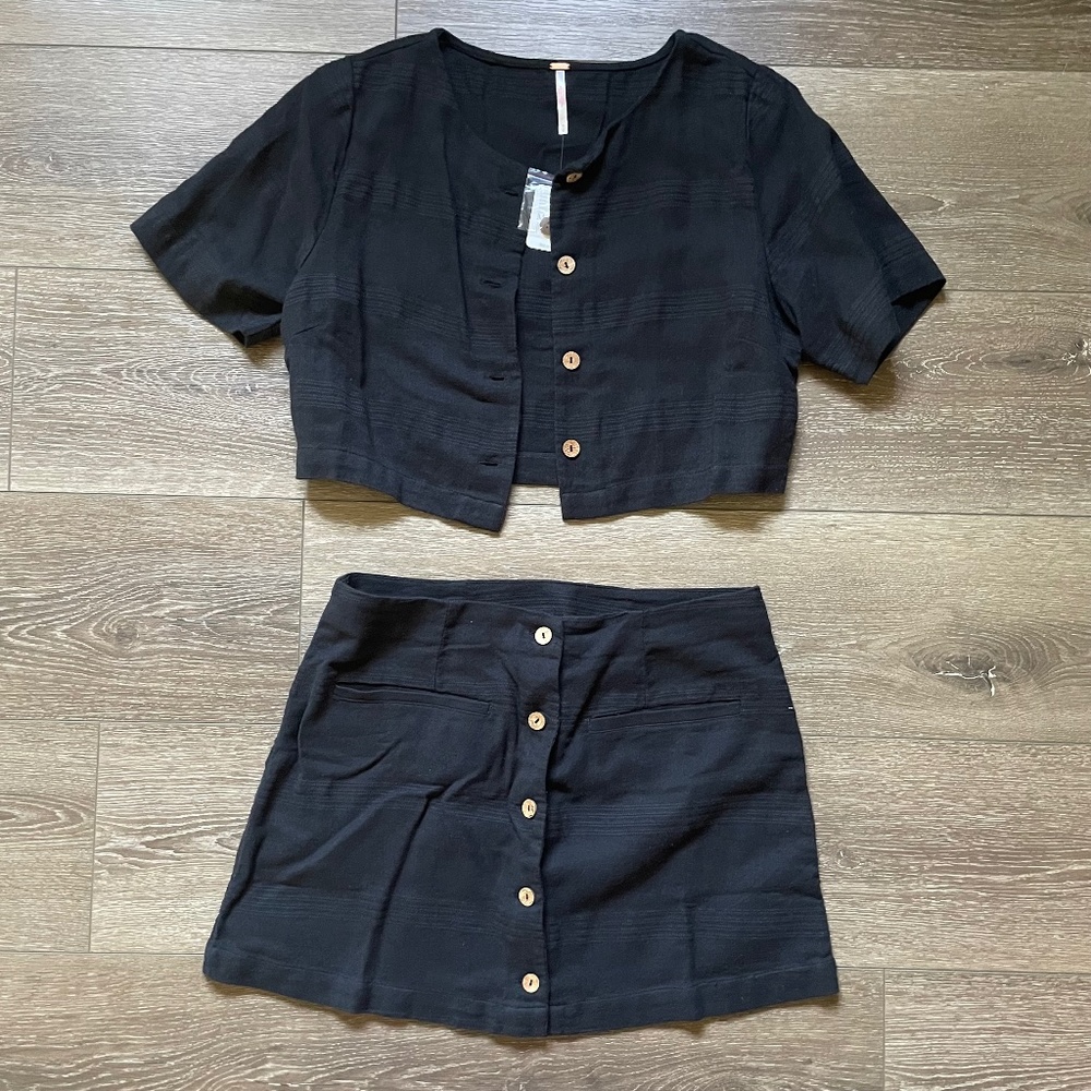 Free People Black Two-Piece Button Front Skirt Set